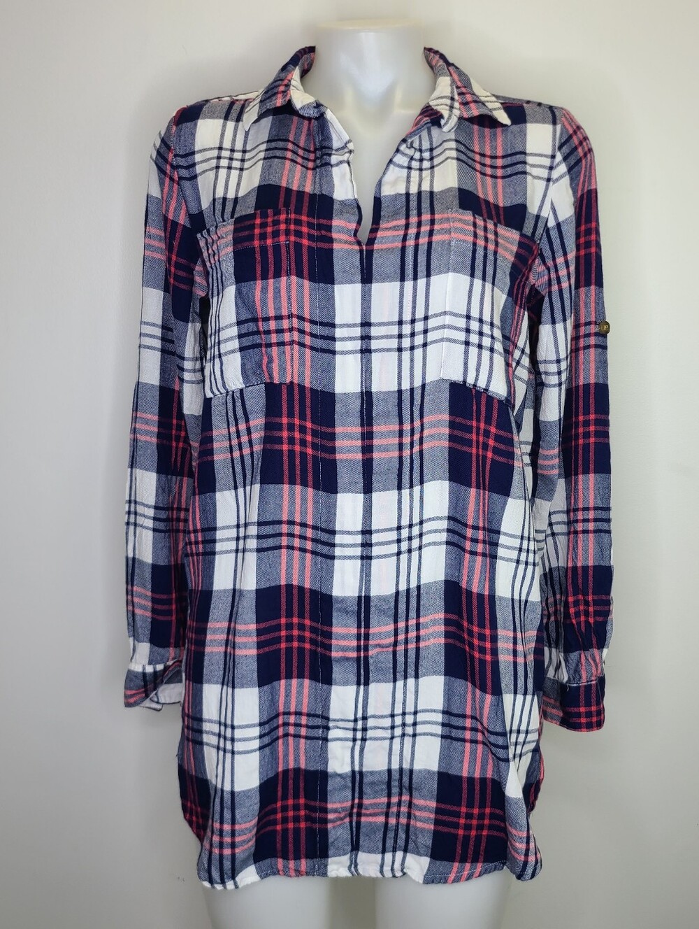C&C California Red White and Blue Plaid Popover Tunic Top Rayon Patriotic Medium
